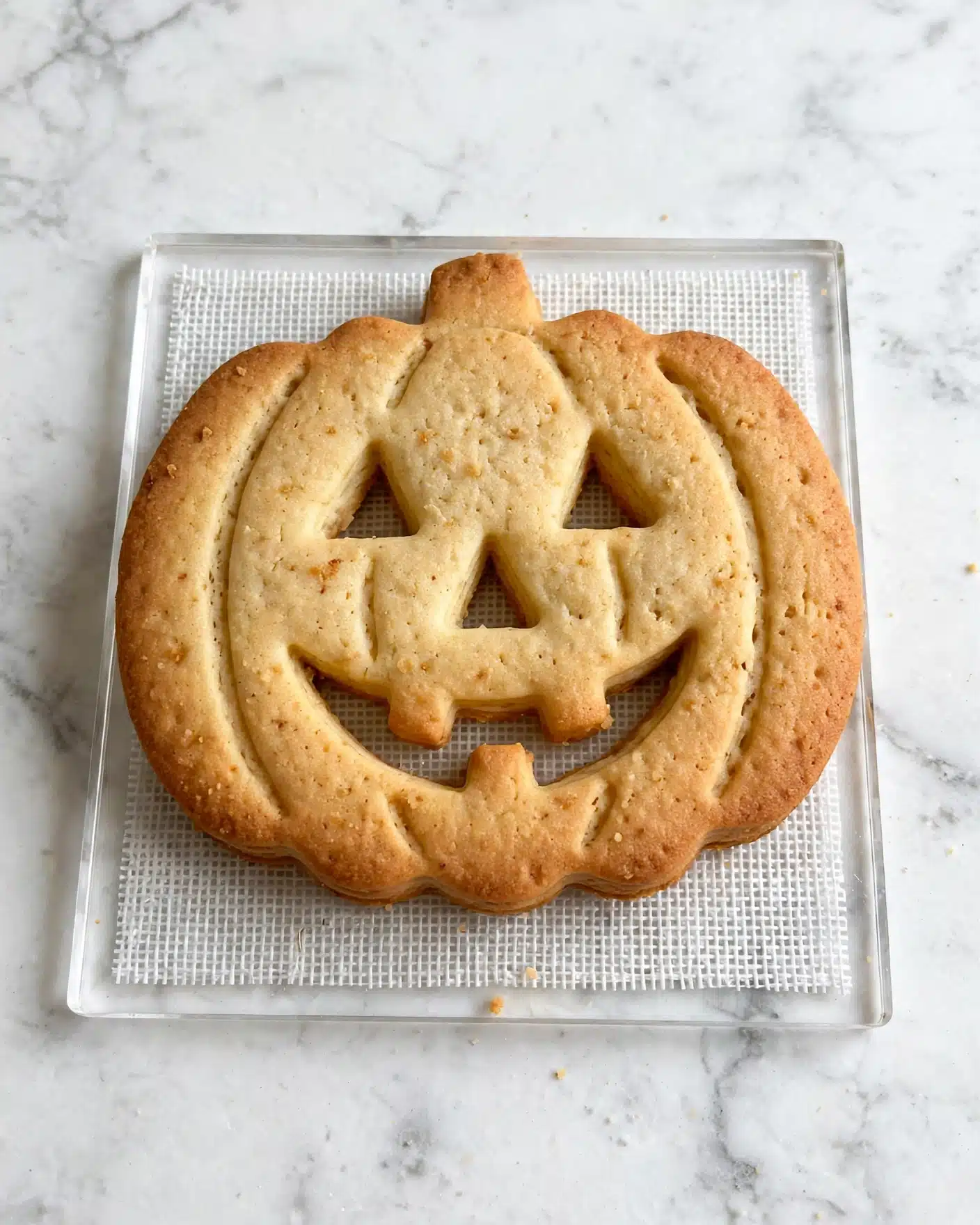 A single-layer pumpkin-shaped pie with a light golden-brown crust on top sits on a clear square tray with a textured white mesh underneath. The crust features carved-out facial shapes representing a jack-o'-lantern, including two triangle eyes, a triangle nose, and a wide smiling mouth with three teeth, all slightly embossed and giving it a playful Halloween look. The tray rests on a white marbled surface, adding a clean and simple background to the image. photo taken with an iphone --ar 4:5 --v 7