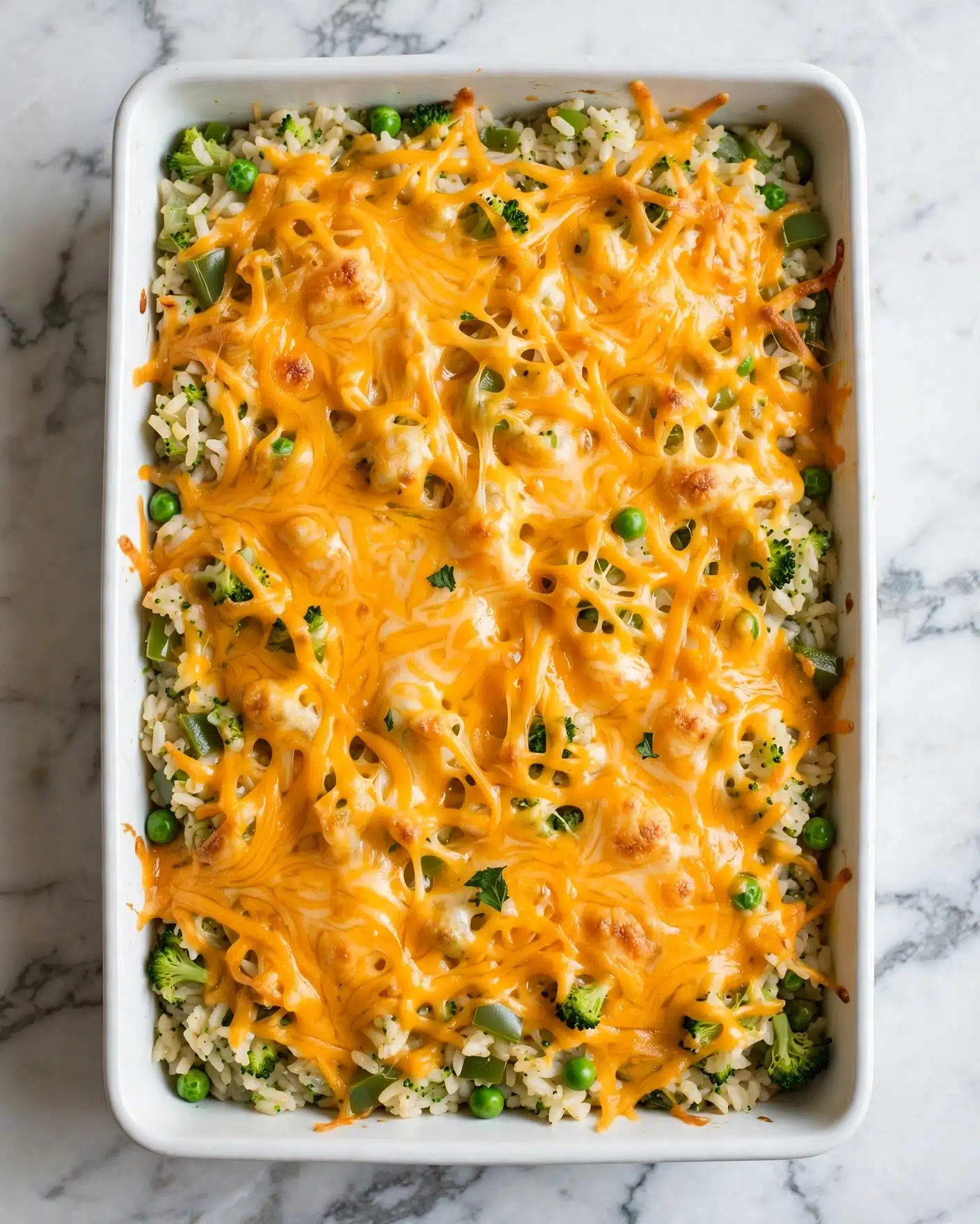 A white rectangular baking dish filled with a layered casserole sits on a white marbled surface. The bottom layer appears to be a mix of light-colored grains or rice with small green vegetable pieces scattered throughout. On top, there is a generous layer of shredded bright orange cheese spread evenly across the entire surface. The texture of the cheese is soft and stringy, contrasting with the grainy mixture underneath. photo taken with an iphone --ar 4:5 --v 7