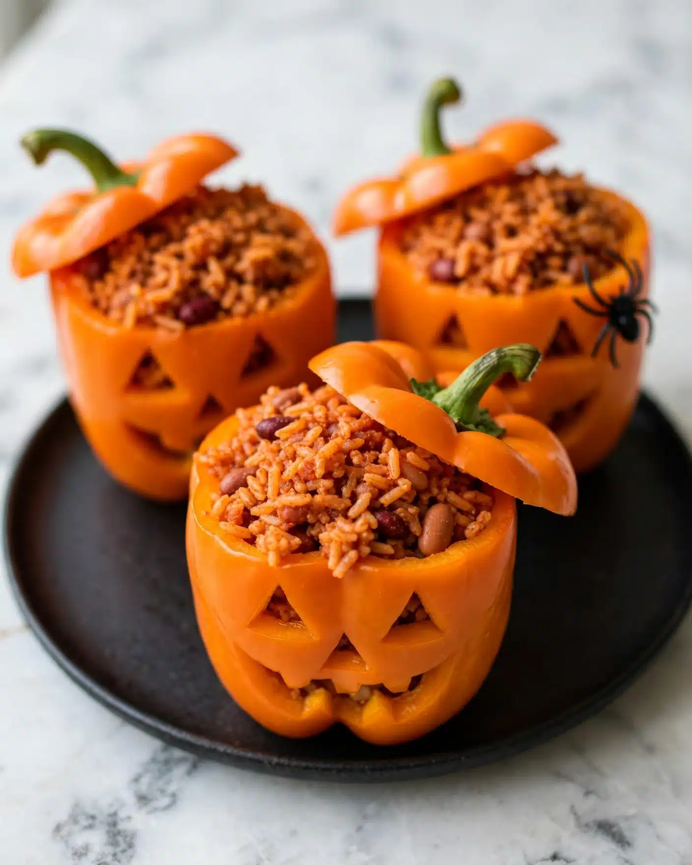 Jack-O'-Lantern Stuffed Peppers Recipe 6 The image shows six bright orange bell peppers standing upright in a white baking dish, each pepper carved with small jack-o'-lantern faces on their sides. Inside each pepper is a layer of seasoned rice mixed with black beans and small pieces of vegetables, topped with a melted layer of light brown and white cheese that slightly bubbles and browns on top. The peppers are arranged close together, filling the dish evenly. The dish sits on a white marbled surface with a textured light cloth underneath photo taken with an iphone --ar 4:5 --v 7
