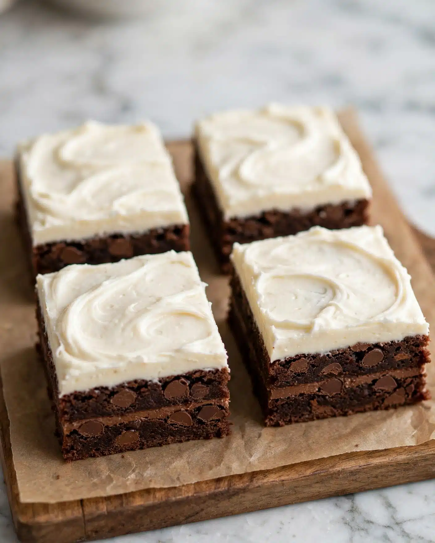 A close-up view of four square brownies arranged on a wooden board with brown parchment paper, each piece showing two layers: a thick, dark brown, moist chocolate base with visible chocolate chips, topped with a smooth, creamy white frosting layer that has soft, wavy texture on top. The background is softly blurred, and the setting is on a white marbled surface. photo taken with an iphone --ar 4:5 --v 7