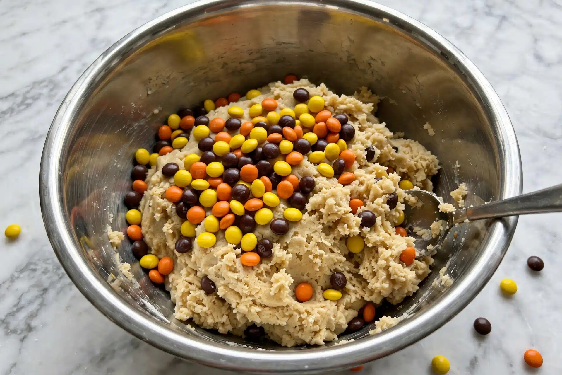 A shiny metal mixing bowl filled halfway with light beige cookie dough, which has a soft but thick texture. On top of the dough, there is a thick layer of small round candy pieces in bright colors: yellow, orange, and dark brown. Some of the candy pieces rest loosely on the dough, while others are starting to mix in. A metal spoon is partially visible on the right side, pressed into the dough and candy layer. The bowl is placed on a white marbled surface. photo taken with an iphone --ar 4:5 --v 7