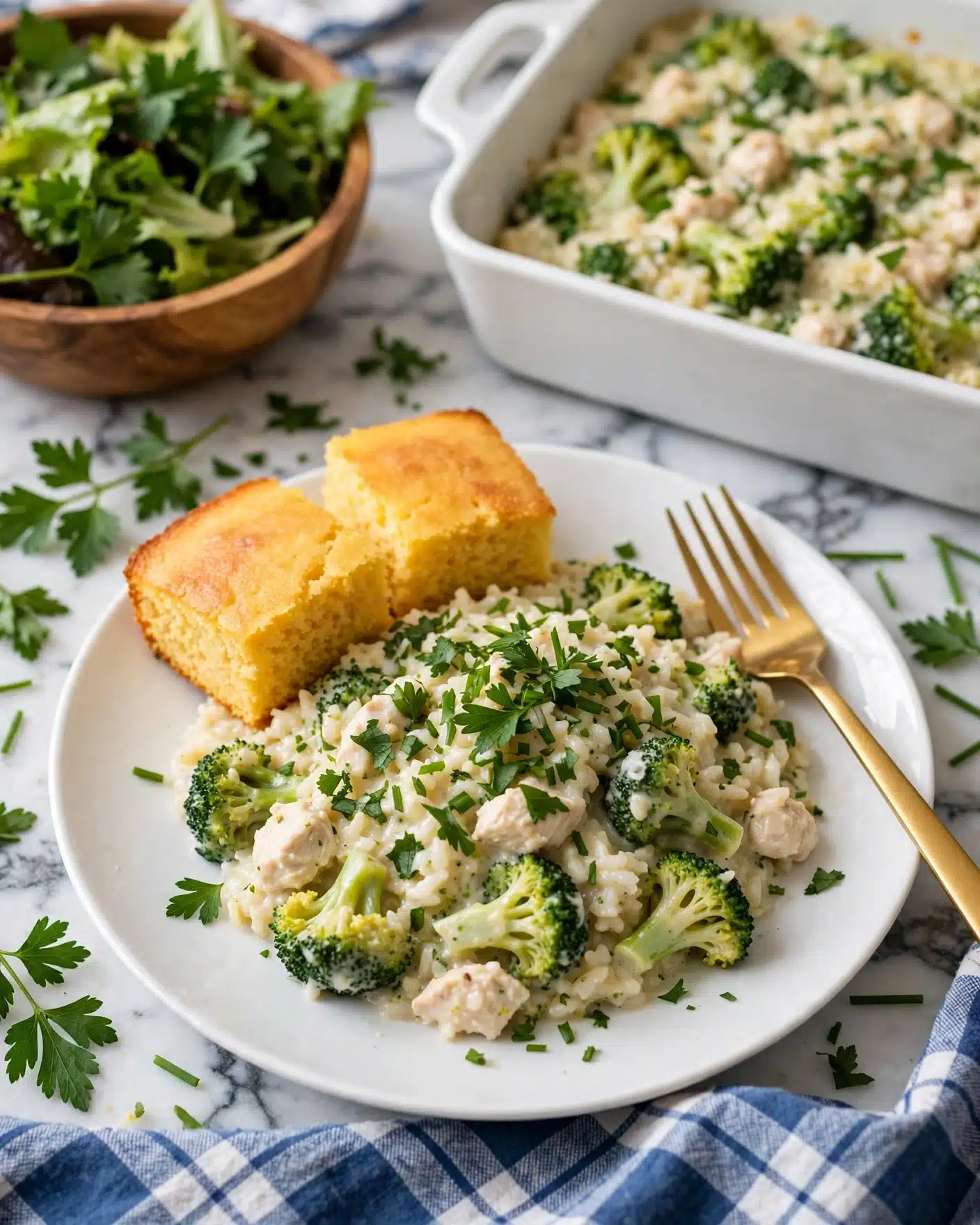 A white round plate holds a creamy rice dish mixed with green broccoli pieces and small chunks of white chicken, topped with some fresh green herbs scattered on top. Two square pieces of golden yellow cornbread sit on the top left side of the rice. A gold fork is placed on the right side of the plate, resting on the plate’s edge. In the background, there is a white ceramic baking dish filled with the same rice and broccoli mix, while to the left, a wooden bowl contains a fresh green leafy salad. The whole setting is on a white marbled surface with some green herbs scattered around, and a blue and white plaid cloth is partially visible below the plate. photo taken with an iphone --ar 4:5 --v 7