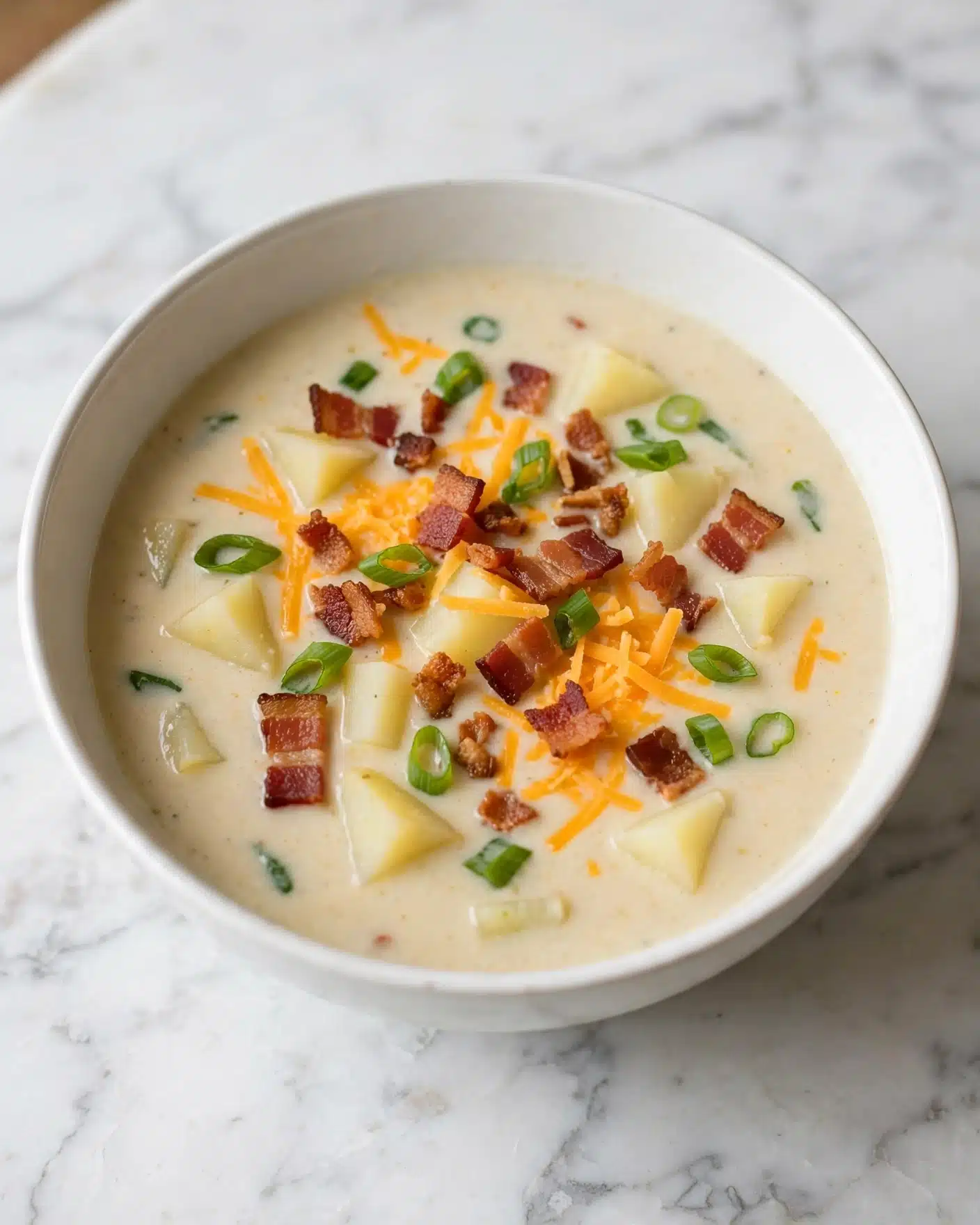 A white bowl filled with creamy soup that has a pale beige color and a smooth texture. The soup contains visible chunks of light yellow potatoes spread evenly throughout. On top of the soup, there are small pieces of crispy brown bacon, bright orange shredded cheese, and green sliced spring onions scattered across the surface. The bowl is placed on a white marbled surface. photo taken with an iphone --ar 4:5 --v 7