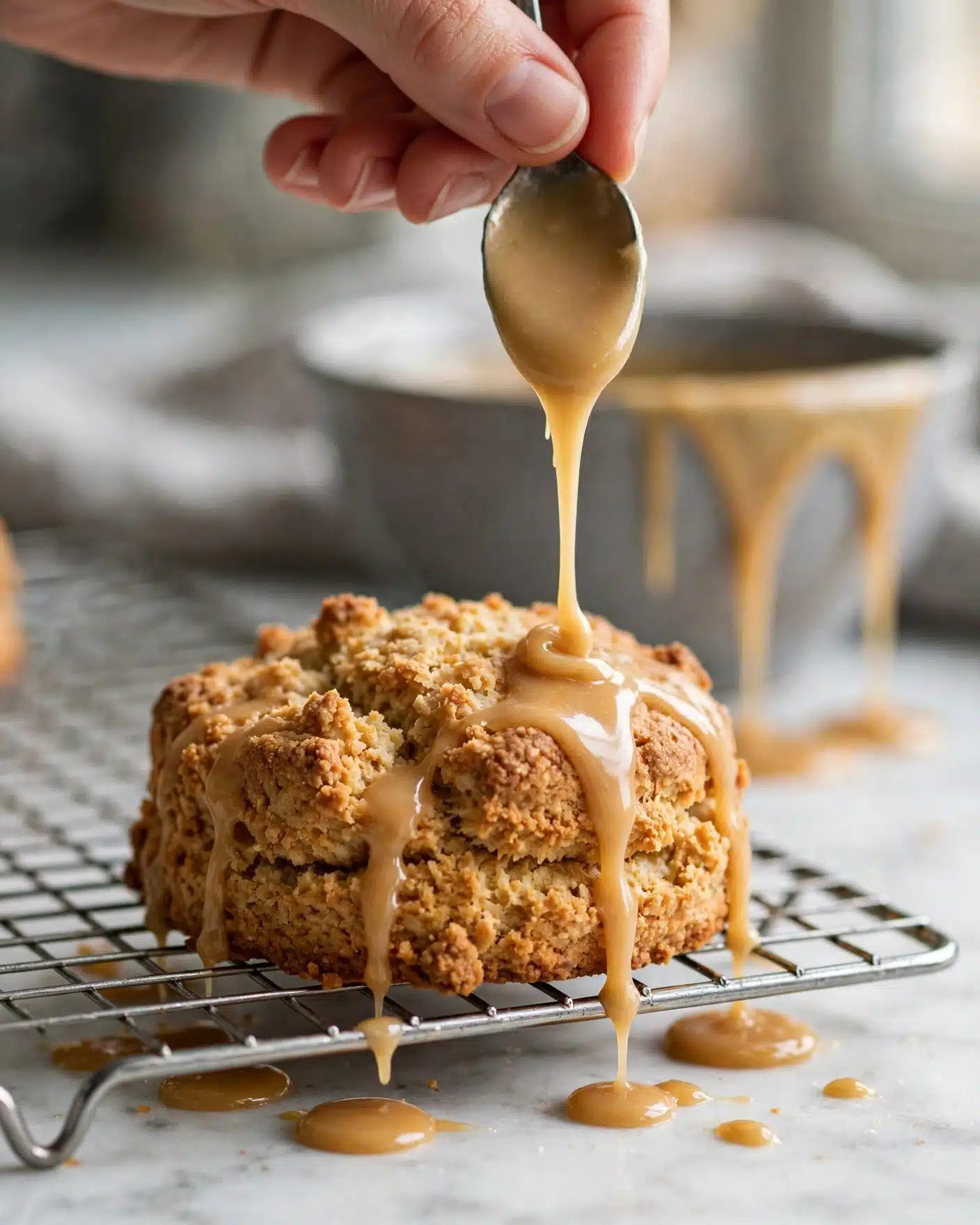 A golden brown scone with a rough, crumbly texture sits on a silver cooling rack. A woman's hand holds a spoon above the scone, drizzling thick, light caramel sauce that flows smoothly and drips down the sides, pooling slightly on the white marbled surface below. In the background, there is a soft-focused gray bowl with some sauce dripping from its edge. photo taken with an iphone --ar 4:5 --v 7