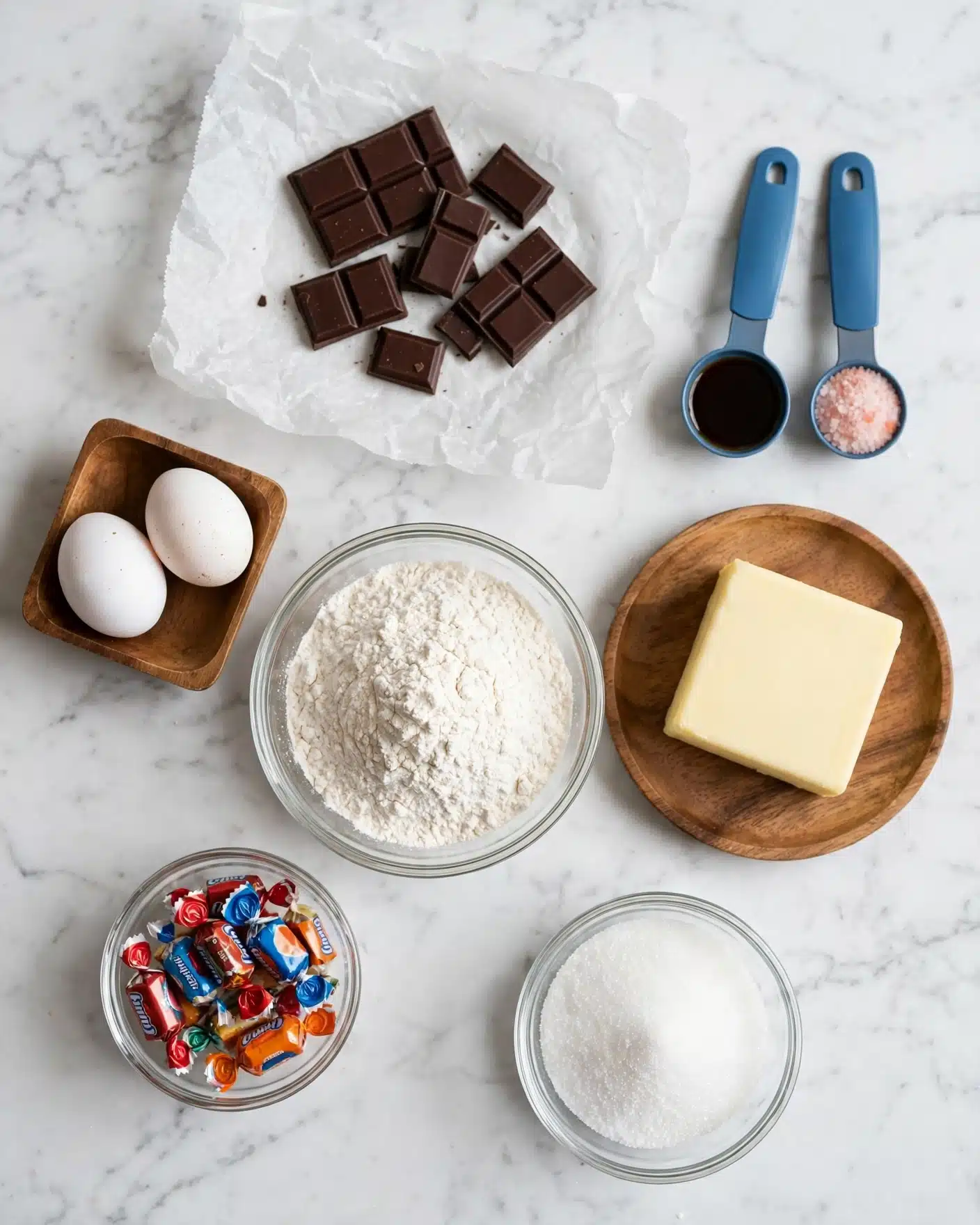 Leftover Candy Brownies Recipe 5 The image shows baking ingredients arranged on a white marbled surface. At the top center, there are dark brown chocolate pieces on white parchment paper, neatly broken into small rectangles. To the right are two measuring spoons with blue handles, one filled with a dark liquid and the other with pink salt. At the middle left, two white eggs sit in a small wooden square bowl. In the center is a round glass bowl full of white flour. To the right of the flour, on a round wooden plate, there is a square block of pale yellow butter. At the bottom left, a small round glass bowl is filled with wrapped candy bars in red, blue, and orange wrappers. At the bottom right, there is a round glass bowl filled with white sugar. Photo taken with an iphone --ar 4:5 --v 7