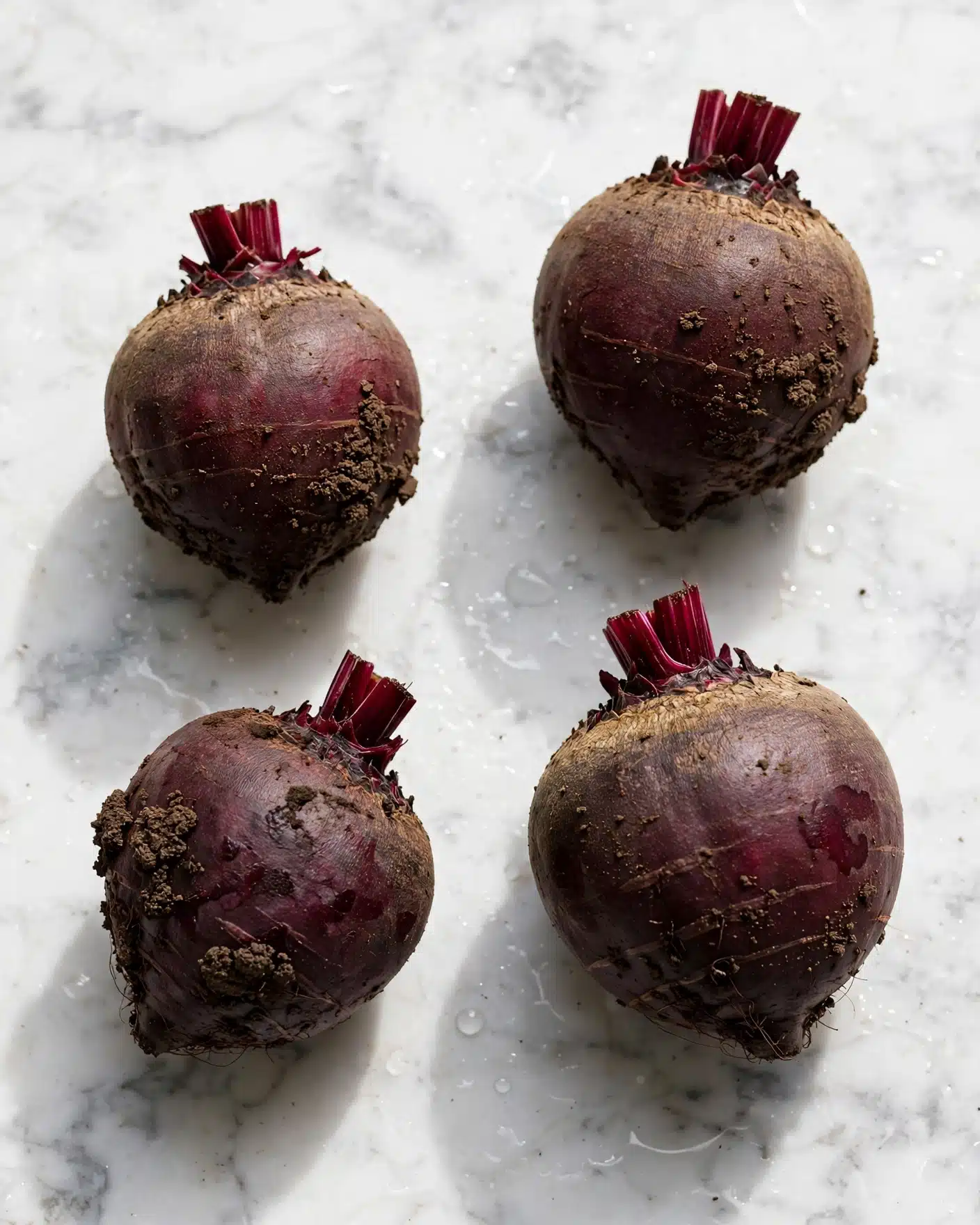 The image shows four whole raw beets with their dark reddish-purple round skins and rough textures scattered on a white marbled surface. Each beet has a short, thick deep red stem at the top, and some dirt still clings to their slightly uneven surfaces. The beets vary slightly in size and shape, giving a natural, fresh look. The white marbled surface beneath them has a few water droplets and soft shadows under the beets. photo taken with an iphone --ar 4:5 --v 7