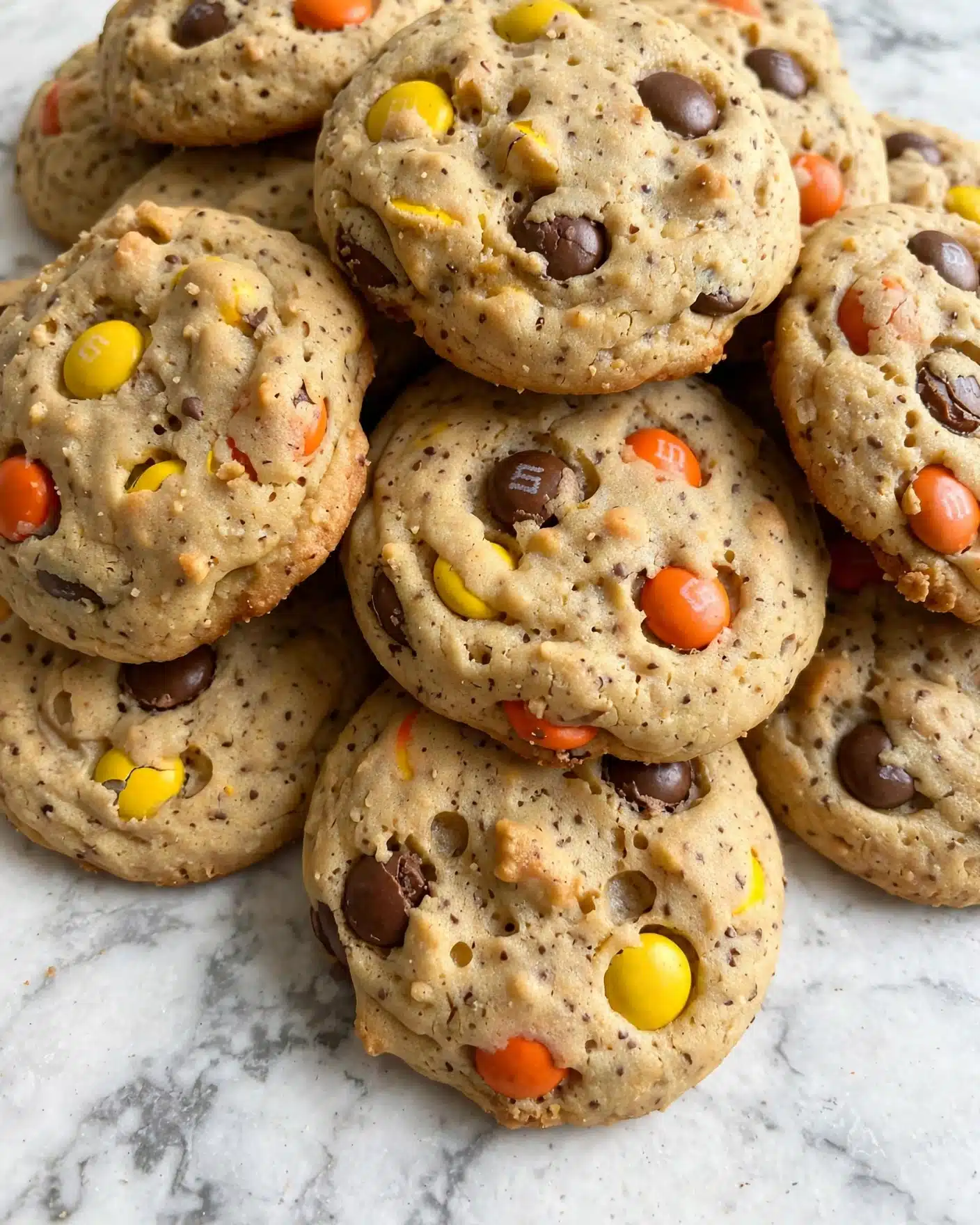 A pile of light golden brown cookies is shown, each cookie roughly round with slightly uneven edges. The cookie surface is soft with visible small lumps and speckles, embedded with colorful candy-coated chocolates in bright yellow, orange, and brown hues spread unevenly on top and slightly sunk into the dough. The cookies are stacked closely on a white marbled surface, creating a warm and inviting look. photo taken with an iphone --ar 4:5 --v 7