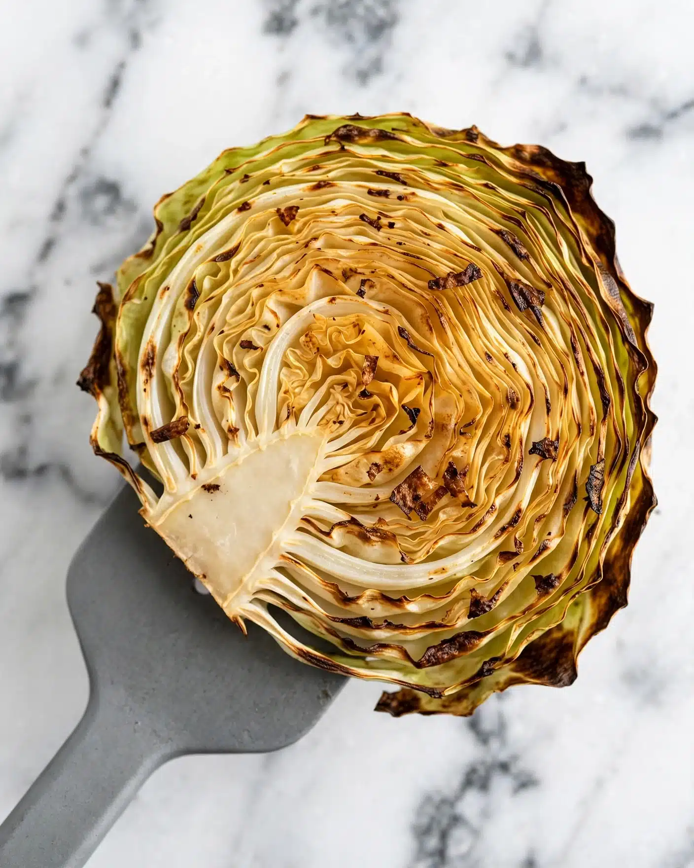A close-up of a roasted cabbage slice showing many thin layers from the outside to the center, each layer turning golden to light brown with some darker browned spots around the edges and on the surface, held by a gray spatula, all on a white marbled background. Photo taken with an iphone --ar 4:5 --v 7