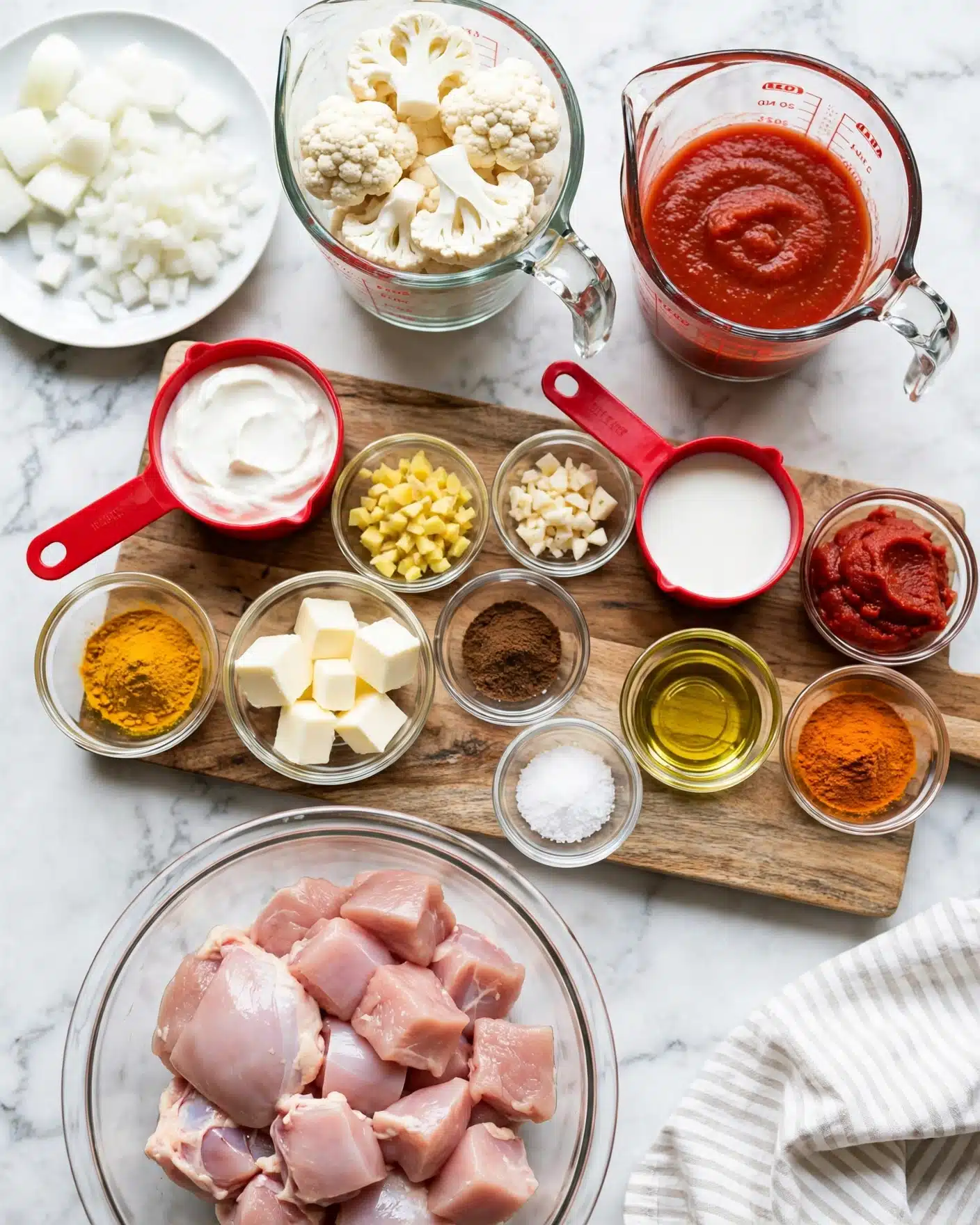 Dump-and-Go Slow Cooker Butter Chicken Recipe 5 A wooden board holds various small glass bowls and two red measuring cups filled with different ingredients: one cup with white cream and one cup with a white liquid; small bowls contain yellow turmeric powder, cubed white butter, chopped yellow ginger, chopped garlic, dark brown powder, salt, light yellow oil, and orange powder, along with a small bowl of red tomato paste nearby. Behind the board, a clear measuring jug filled with white cauliflower pieces and another clear measuring jug with red tomato sauce sit on a wooden table. Nearby, a white plate holds chopped white onions, and a clear bowl in the foreground is full of light pink raw chicken pieces. A striped white cloth is partially visible in the bottom right corner. The whole setting is on a white marbled surface. Photo taken with an iphone --ar 4:5 --v 7