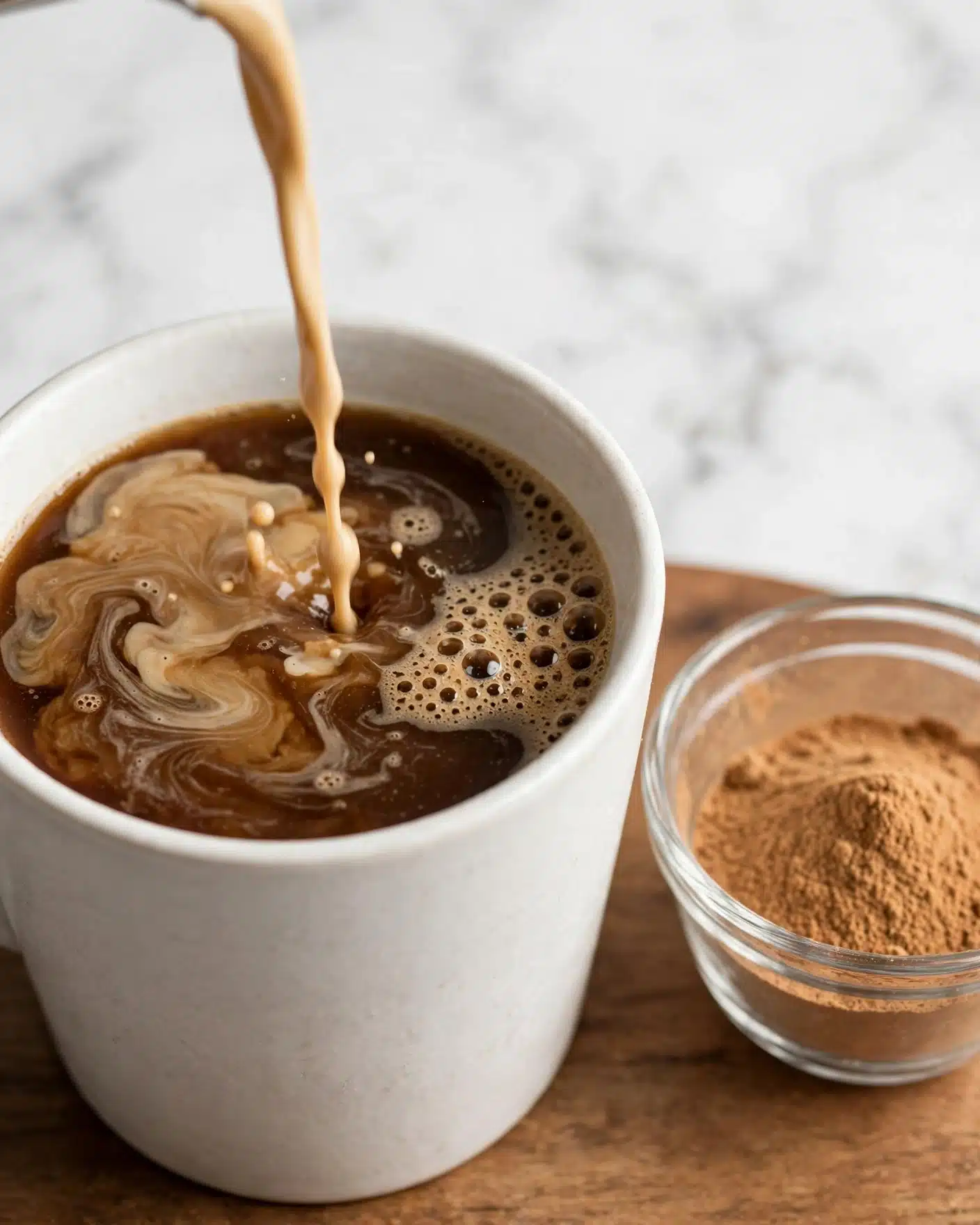 A close-up image shows a white cup nearly filled with dark brown coffee at the bottom and light tan cream being poured in from above, creating a swirling mix of colors and a few bubbles on the surface. The cup sits on a wooden table next to a clear glass bowl with light brown powder inside. The background is a white marbled texture. photo taken with an iphone --ar 4:5 --v 7