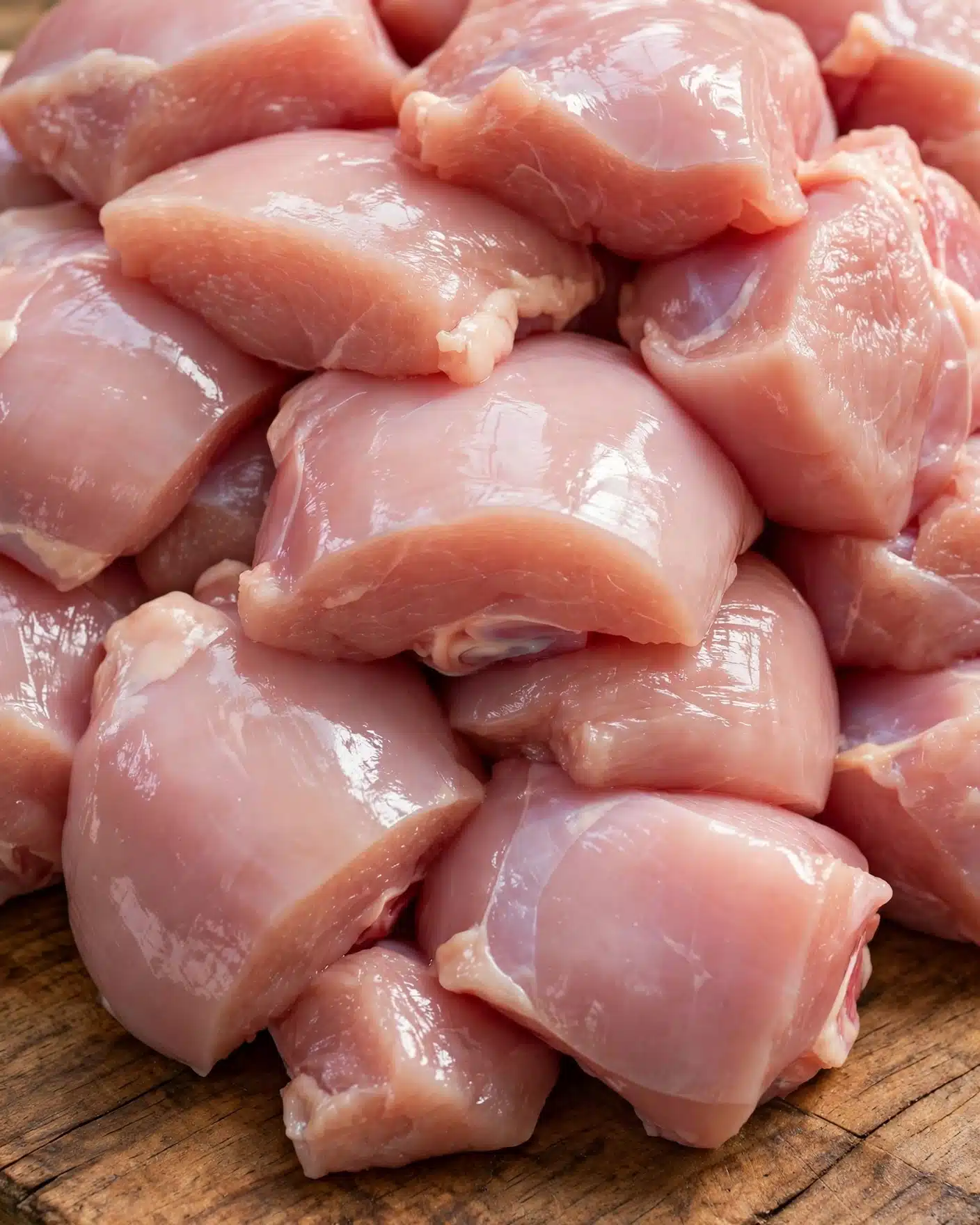 15-Minute Sheet Pan Lemon Pepper Chicken Recipe 5 This image shows many chunks of raw chicken with a light pink color and smooth, shiny texture. The pieces are stacked close together on a wooden surface with a warm brown tone and visible grain. The chicken pieces vary in size and have soft, curved edges. The photo is close-up, filling the frame mostly with the chicken and some texture from the wooden surface beneath. Photo taken with an iphone --ar 4:5 --v 7