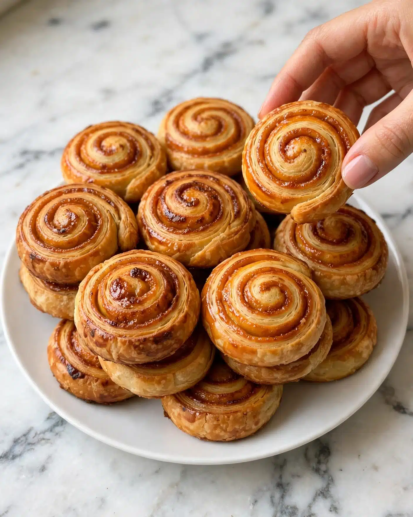 Pumpkin Parmesan Pinwheels Recipe 5 A tall stack of eight round, golden-brown spiraled pastries sits on a white marbled surface, with one pastry leaning against the stack showing its inside layers clearly. Each pastry has a flaky outer crust and a visible spiral pattern inside, with swirls of light orange and tan filling. The texture looks crisp and slightly crumbly with crumbs scattered around the base. The background is simple and light blue, putting focus on the pastries. photo taken with an iphone --ar 4:5 --v 7
