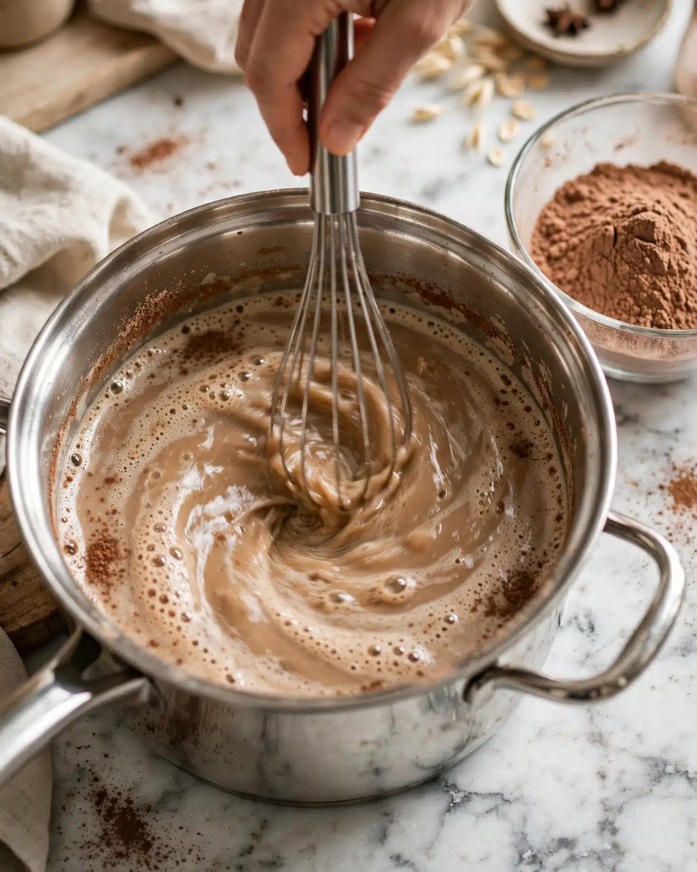 A shiny silver pot filled with a light brown, foamy liquid being stirred rapidly with a metal whisk held by a woman's hand. The liquid shows frothy bubbles and swirling patterns from the motion, with some darker brown powdery spots around the edges. Next to the pot, a clear glass bowl contains more light brown powder on a white marbled surface photo taken with an iphone --ar 4:5 --v 7