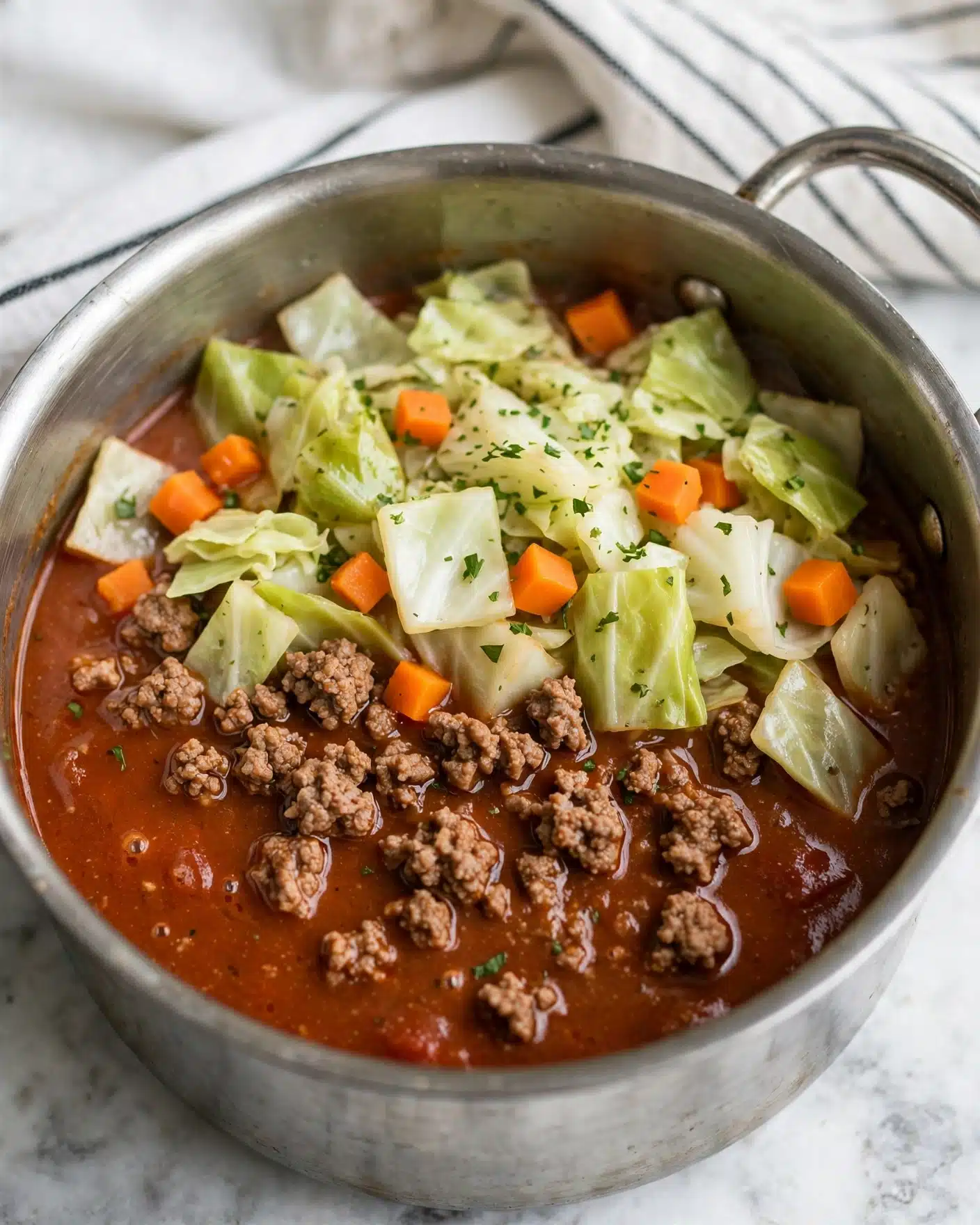 Cabbage Roll Soup Recipe 6 A close-up view of a steel pot filled with a thick stew showing three main layers: a reddish-brown broth base with a smooth texture, a layer of cooked ground meat pieces scattered evenly throughout, and chunky pieces of soft, light green cabbage layered on top along with small bright orange carrot cubes mixed in. Tiny green herb bits are sprinkled lightly over the surface, adding a touch of freshness. The pot sits on a white marbled surface with a white cloth featuring thin black stripes in the background. photo taken with an iphone --ar 4:5 --v 7