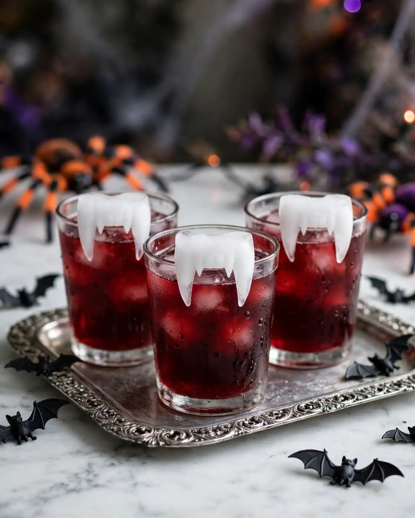 Vampire Kiss Drink Recipe 6 Three short clear glasses filled with red iced liquid sit on a silver tray with an ornate edge. Each glass has a special white vampire fang ice cube topper resting on the rim, with the fangs pointing down into the drink. The liquid is dark red and translucent, showing ice cubes inside. Around the tray on the white marbled surface, there are small black plastic bats and some blurred orange and purple spider decorations in the background. Photo taken with an iphone --ar 4:5 --v 7