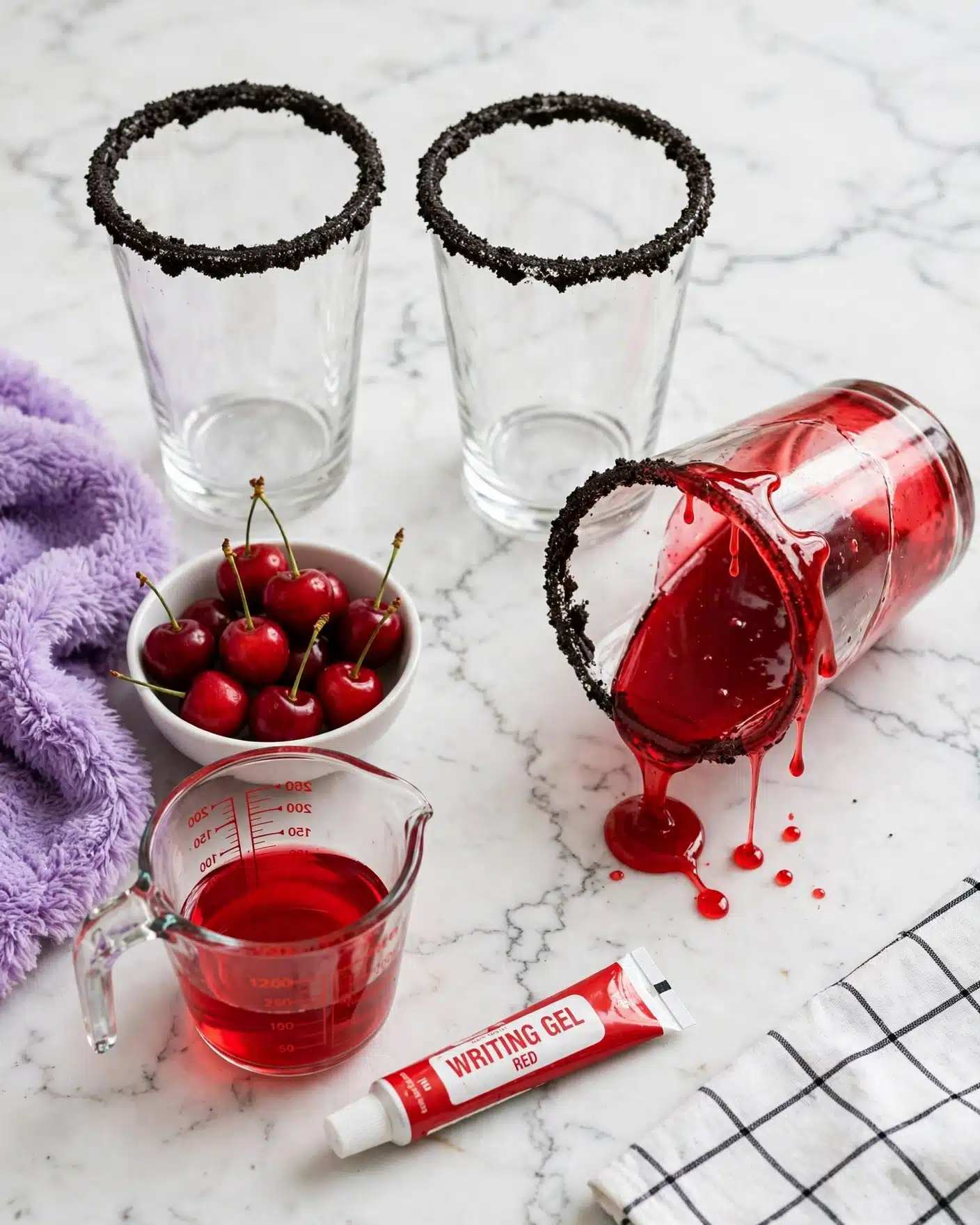 The image shows three clear glasses with black crumb rims on a white marbled surface. One glass is tilted and has red syrup dripping down the rim. Nearby, there is a small white bowl filled with bright red cherries, a purple fluffy cloth, a red liquid in a clear measuring cup, and a red and white tube of writing gel lying on the surface. A white cloth with black grid lines is partially visible at the bottom right corner. Photo taken with an iphone --ar 4:5 --v 7