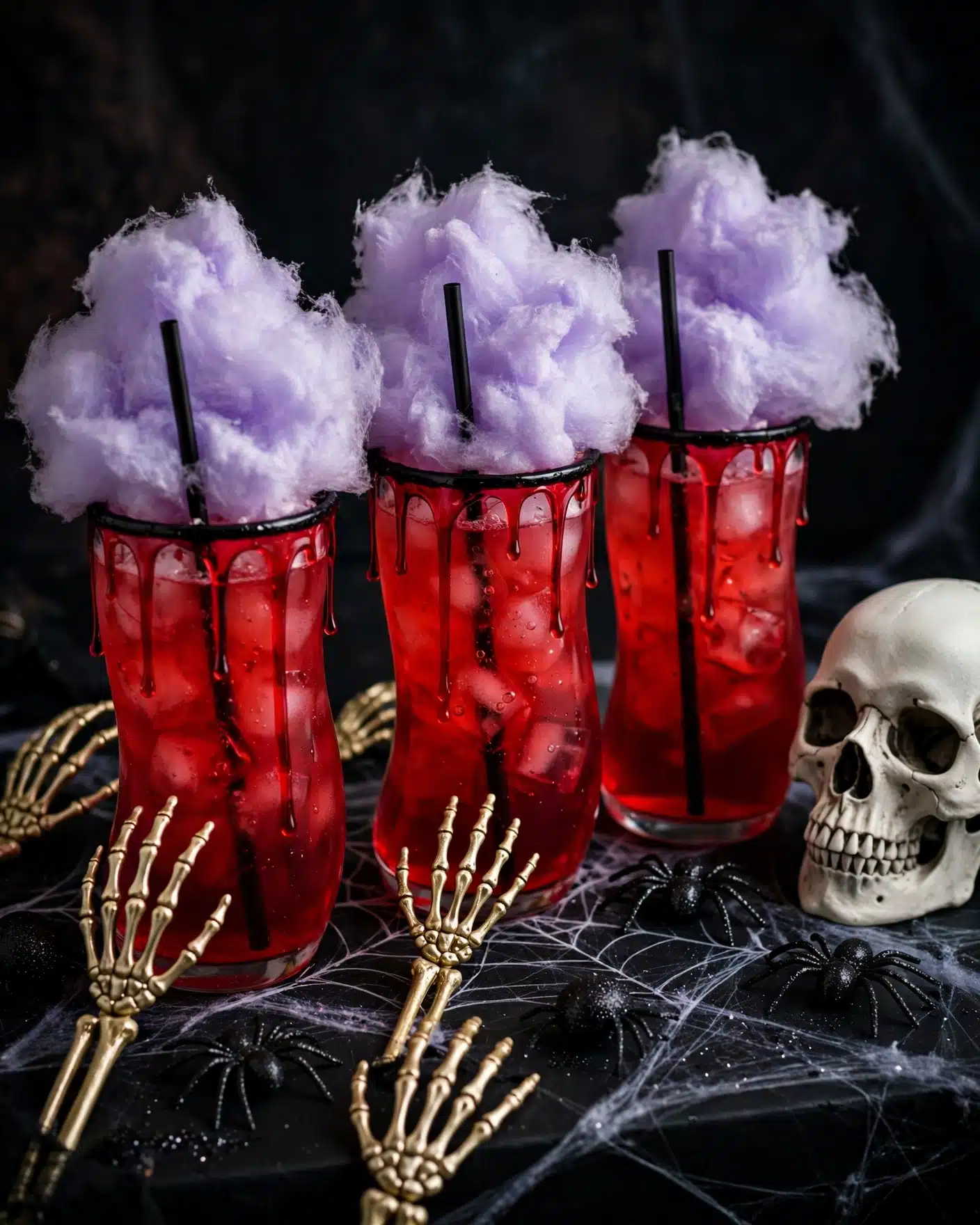 The image shows a tall white glass filled with bright red fizzy drink, with a black straw in the center; the rim of the glass is coated with black sugar and red syrup dripping down inside. On top of the glass, there is a large fluffy layer of light purple cotton candy. The glass rests on a bed of white spider web decoration with a small golden skeleton hand rising through it. In the background, there are two more glasses with the same drink and cotton candy, and a white skull is placed near the glass on the right side. The surface is black with a spooky theme, contrasting with the white glass and webs. Photo taken with an iphone --ar 4:5 --v 7