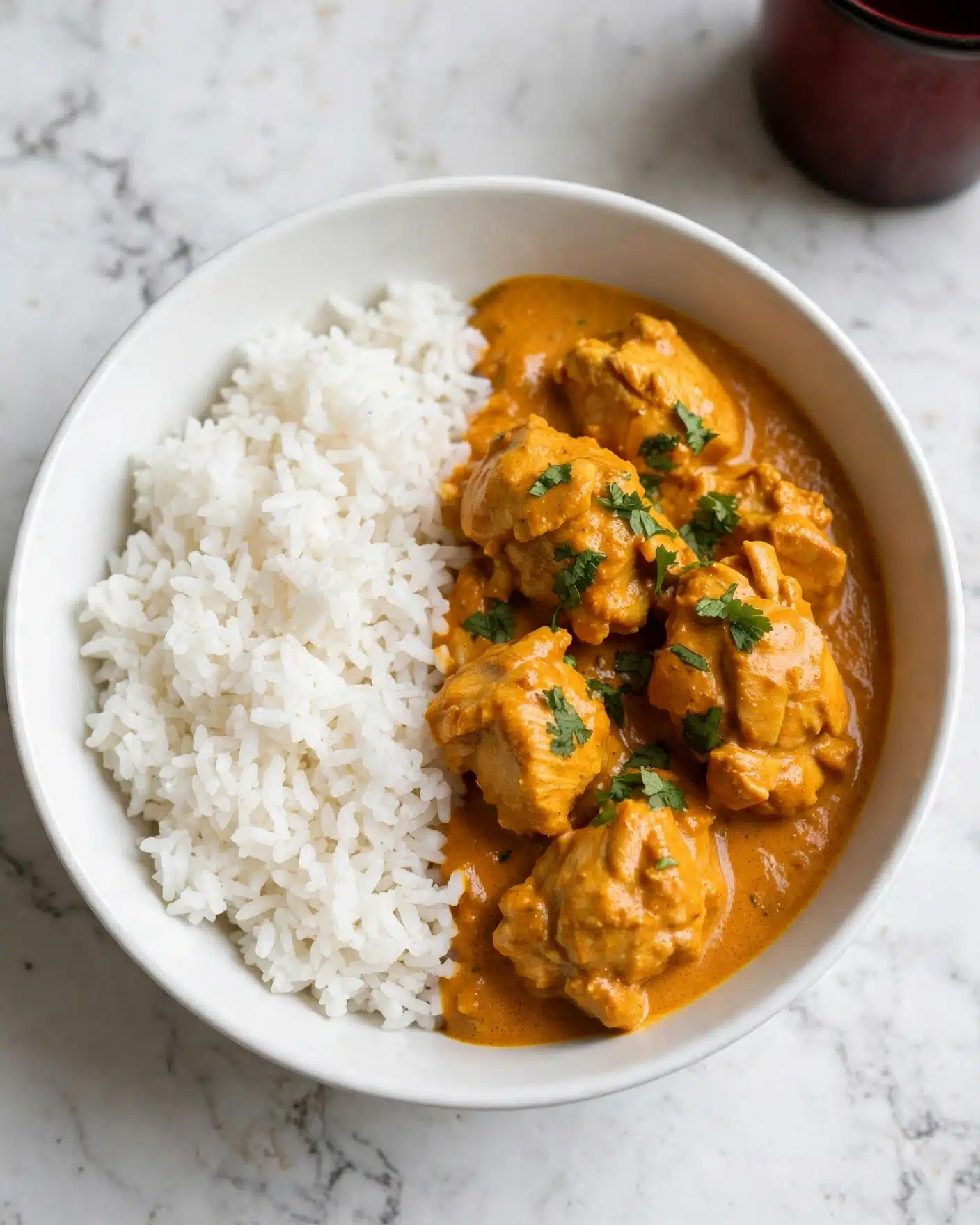 Dump-and-Go Slow Cooker Butter Chicken Recipe 6 A white bowl filled with two main layers: on the left side, there is a layer of fluffy white rice with visible grains, and on the right side, there is a thick, creamy orange curry sauce with chunky pieces of cooked chicken, each piece coated in the sauce. Some green herbs are sprinkled on top of the chicken curry, adding a touch of contrast. The bowl is placed on a white marbled surface, and in the upper right corner, a dark red cup is slightly visible. Photo taken with an iphone --ar 4:5 --v 7