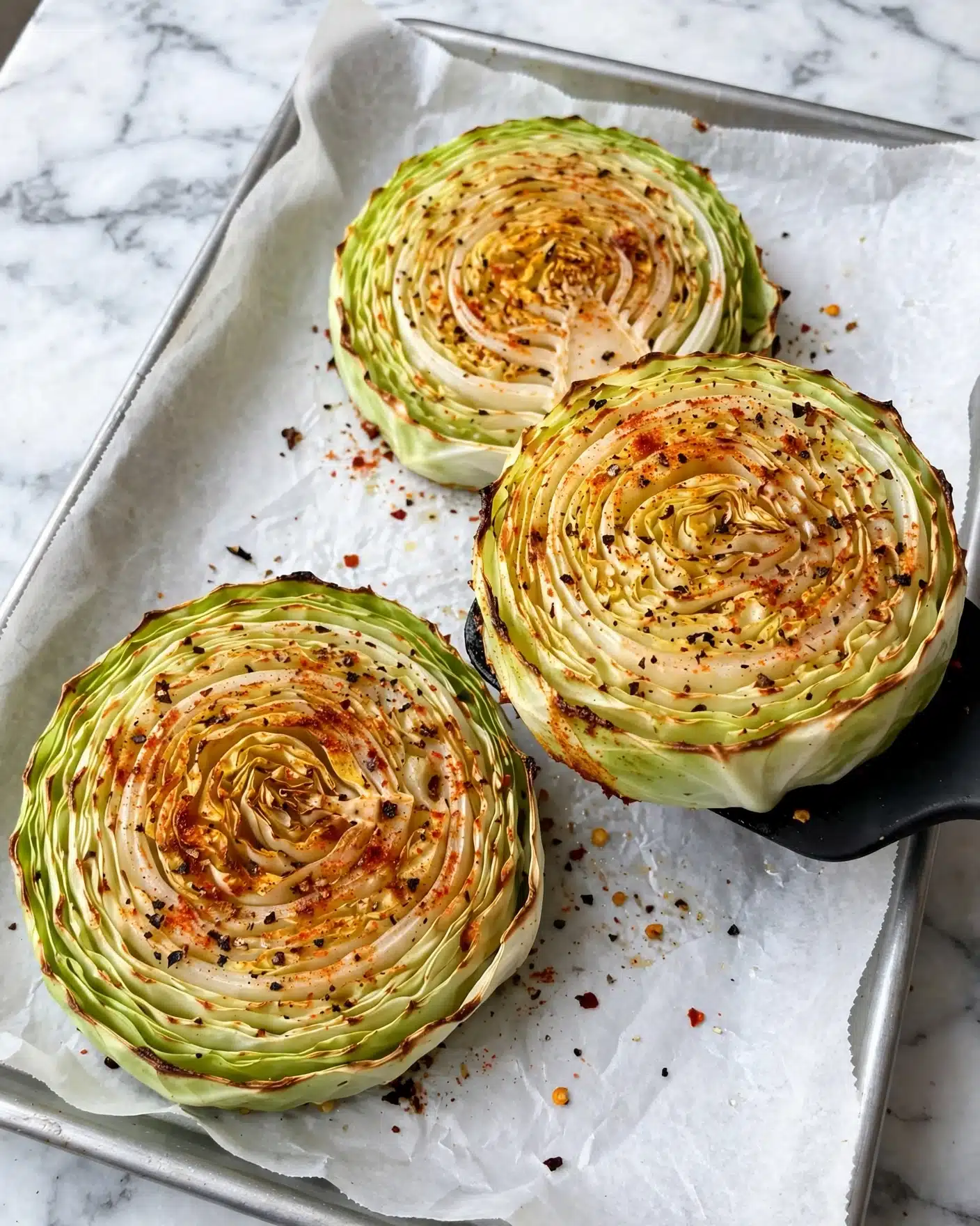 Three round slices of roasted cabbage lie on a metal baking tray lined with white parchment paper. Each cabbage slice has many thin, layered leaves in shades of pale green and light yellow, some edges slightly toasted to a golden brown and crisped with a light sprinkle of dark seasoning. The cabbage layers form concentric circles that get tighter and more compact toward the center, creating a beautiful pattern of curved textures with a reddish-orange tint from spices on the surface. One slice is partly lifted by a black spatula, showing the cooked texture from the side. The tray sits on a white marbled surface. photo taken with an iphone --ar 4:5 --v 7